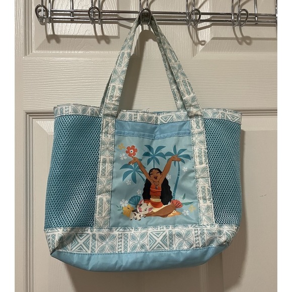 Disney Store Moana & Pua Tote Bag Aqua Blue Front Pocket Snap Girls Beach Purse - Picture 1 of 10